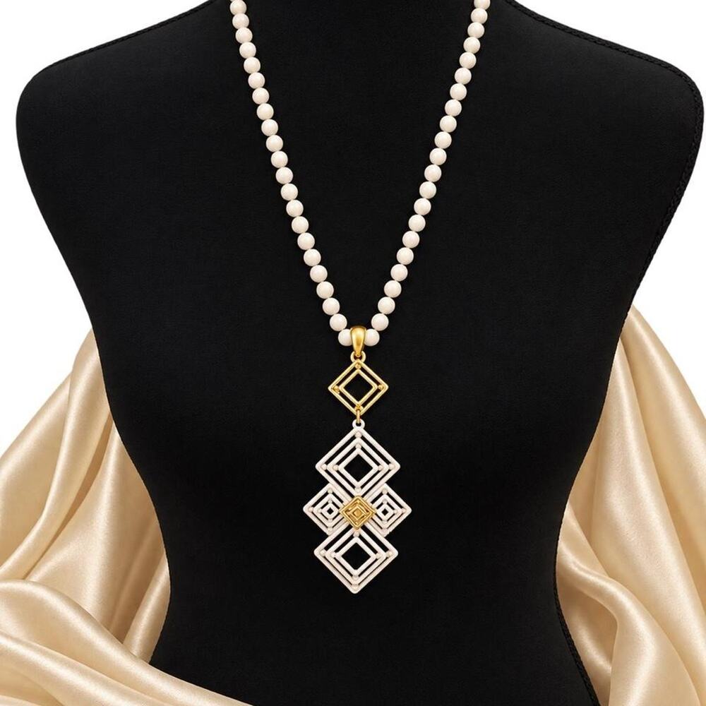 Vintage 1960s 70s Mod White Beaded Necklace Gold Tone Geometric Pendant